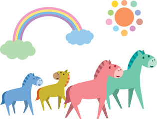 虹を見ているかわいい馬の親子のイラスト素材