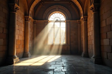 Sunbeams Dance Through Roman Ruins Dust Motes Illuminate a Grand Historic Interior, Ancient Stone Walls, and Tiled Floors Create a Timeless, Elegant Atmosphere.