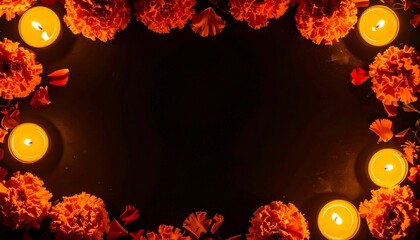 Dia de los Muertos decorative border, glowing candles casting warm light, black background