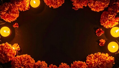 Dia de los Muertos decorative cempasuchil flowers border glowing candles casting warm light and black background