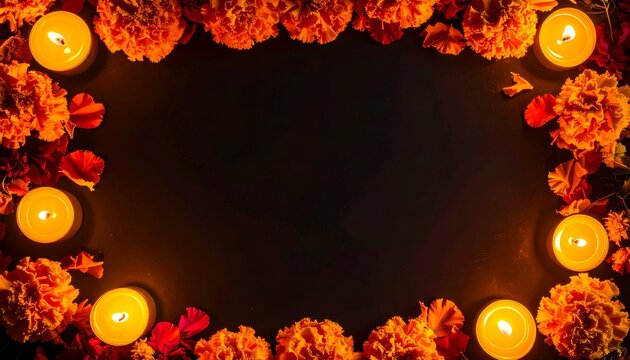 Dia de los Muertos decorative cempasuchil flowers border glowing candles and black background - Powered by Adobe