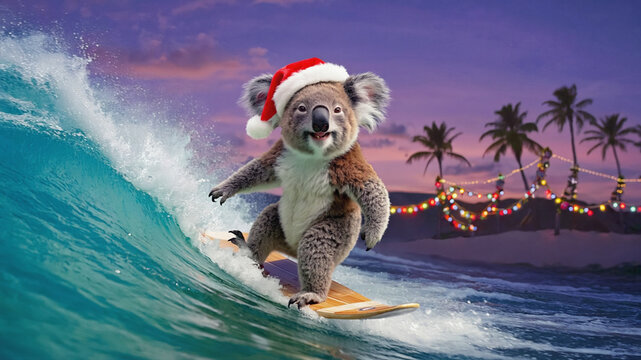 Christmas Koala wearing a Santa hat surfs a wave in a scene with tropical palm trees decorated with holiday lights at sunset. Imaginative festive animal adventure. Image made using Generative AI.