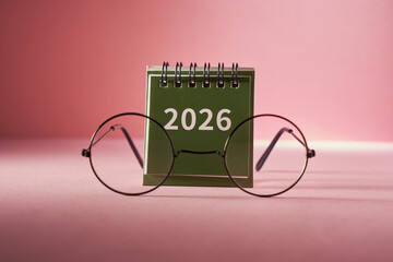 desk calendar 2026 and eyeglasses against pink background