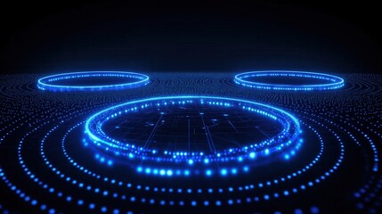 Abstract Glowing Blue Rings on Grid
