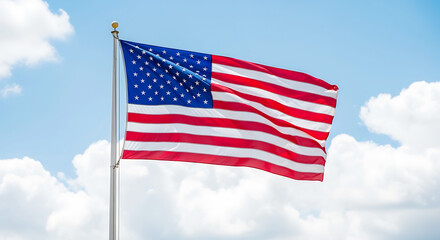 Obraz premium The Flag of the United States of America Waving Against a Cloudy Blue Sky