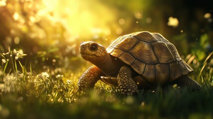 Turtle in sunlight meadow, peaceful scene, perfect for nature, children's books