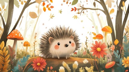 Autumn Hedgehog Forest Illustration, Fall Flowers, Mushrooms