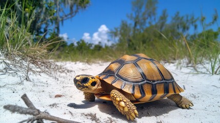 Tortoise walking beach sand sunny tropical habitat