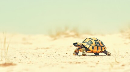 Tortoise walking desert sand dune, wildlife background, nature