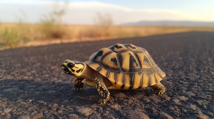 Tortoise crossing desert road, sunset, wildlife, conservation