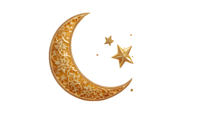 Golden Crescent Moon and Stars, isolated on transparent background
