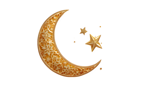 Golden Crescent Moon and Stars, isolated on transparent background