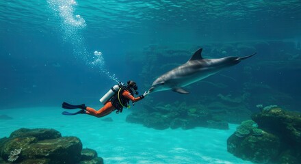 Diver touches a dolphin's nose underwater in clear blue ocean.