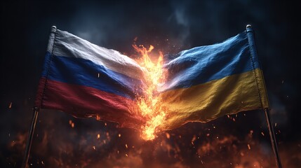 Russia and Ukraine Flags Engulfed in Flames, Symbolizing Conflict and Geopolitical Tension Globally.