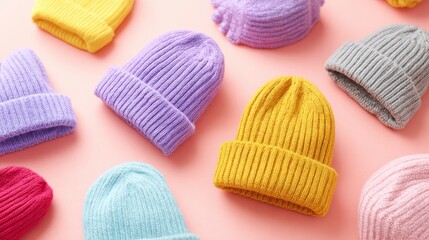 Children’s colorful wool hats arranged on pastel background, playful winter accessory concept symbolizing warmth, coziness, and cheerful seasonal style