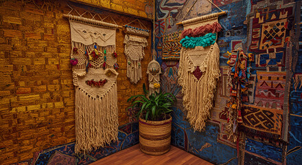 Bohemian Style Wall Decor with Macrame Tapestries and Colorful Textiles in Cozy Interior