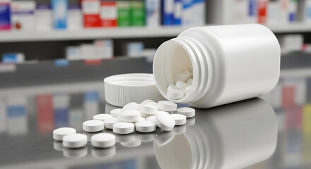 White Pills Spilled from a Bottle on a Reflective Surface in a Pharmacy Setting.