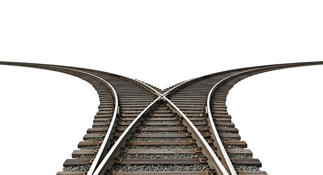 Railway tracks diverging into two paths isolated on white background