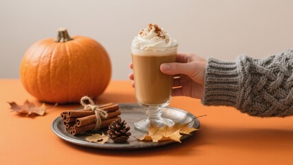 Cozy autumn scene with pumpkin spice latte and fall decorations