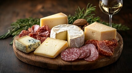 Elegant Charcuterie Board with Assorted Cheeses, Cured Meats, and White Wine