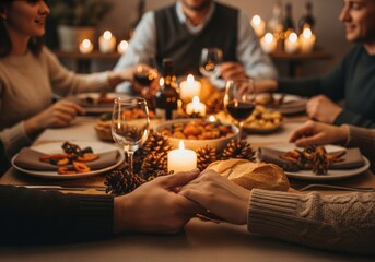 Family Holding Hands in Thanksgiving Prayer at Dinner Table — Warm Holiday Celebration