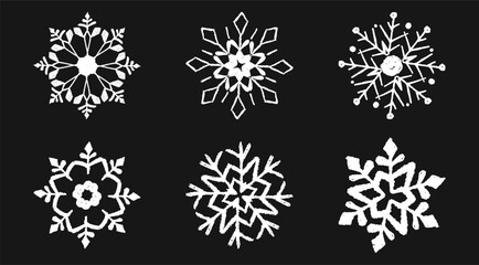 Set of cute white Xmas snowflakes drawn in pastel, crayon, chalk and charcoal textures. A holiday collection for kids featuring frozen, grunge style Christmas crystal squiggle art. Vector illustration