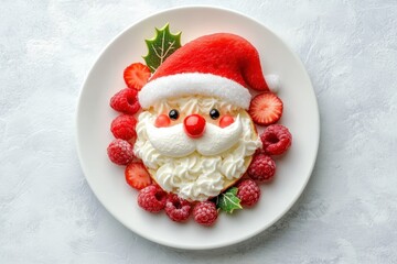 
Creative kids food snack for Christmas and New Year. Funny Santa Claus made from pancakes, watermelon whipped cream, strawberries and raspberries. top view of white plate
