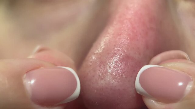 Detailed macro video of a pimple being squeezed from the nose. Real skin texture, realistic removal, and visible sebum make this perfect for skincare and health-focused content.
