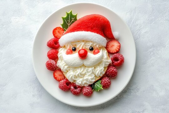 
Creative kids food snack for Christmas and New Year. Funny Santa Claus made from pancakes, watermelon whipped cream, strawberries and raspberries. top view of white plate
