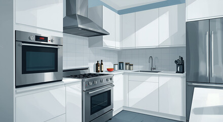 Modern White Kitchen with Stainless Steel Appliances and Minimalist Design