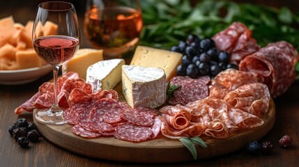 Gourmet Charcuterie and Cheese Board with Rosé Wine, Grapes, and Herbs on a Rustic Wooden Table