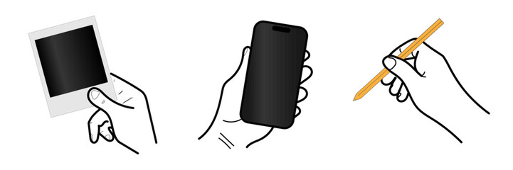 Set of minimal line art vector illustrations featuring hands holding objects: a blank instant photo print, a smartphone, and a pencil. Outline graphic depicting communication, memory, and creativity
