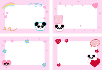 Pink rectangle frame set with panda bear, stars, heart, rainbow for animal print, decoration, polaroid photo, ad template, social media post, poster, book cover design, notepad, sticky note, memo, zoo