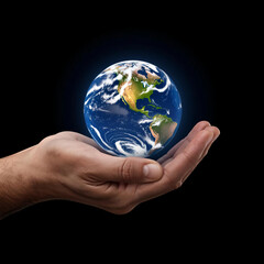 planet earth in hand on a black background