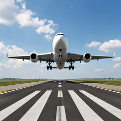 the plane takes off from the runway