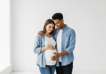 Pregnant woman with mixed race partner in matching blue shirts touching belly. Interracial couple maternity session for diverse family planning services