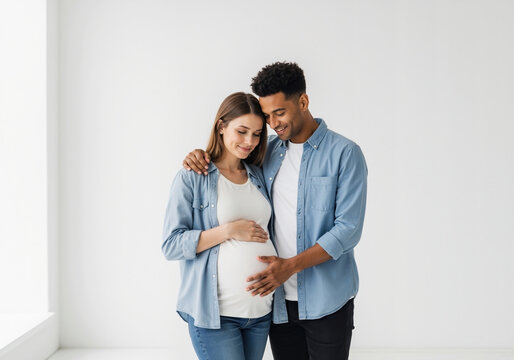 Pregnant woman with mixed race partner in matching blue shirts touching belly. Interracial couple maternity session for diverse family planning services - Powered by Adobe