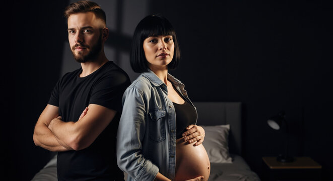 Pregnant woman with partner in denim shirt standing back to back. Dramatic maternity portrait for prenatal care services and pregnancy documentation - Powered by Adobe