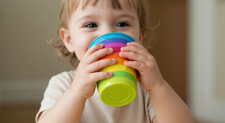 Toddler holding colorful rainbow stacking toy with both hands and blue eyes looking up. Educational toys and child development for daycare centers and learning programs