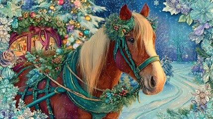 A festive fiery red horse with a wreath around its neck, harnessed to a sleigh filled with gifts, captures the nostalgic spirit of the New Year.