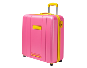Untitled design -  Angled View of Pink and Yellow Suitcase with Extended Handle, Standing on Plain Surface, Isolated