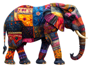 Untitled design - Decorative Elephant with Fabric Patchwork Design, Side View, Artistic Fusion, Isolated