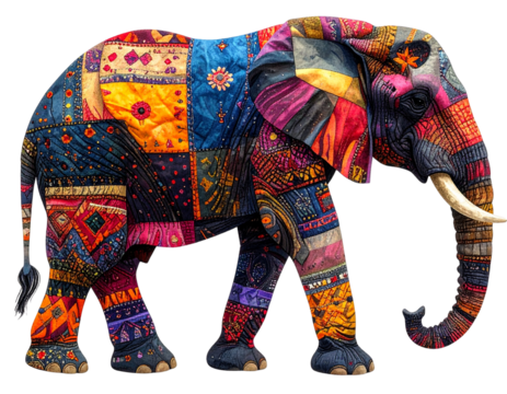 Untitled design - Decorative Elephant with Fabric Patchwork Design, Side View, Artistic Fusion, Isolated