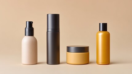 Elegant Arrangement of Skincare and Beauty Products on a Warm Beige Background for Commercial Use