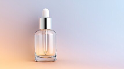 Naklejka premium Clear glass dropper bottle with dropper cap against a soft gradient background showcasing a minimalist beauty product concept