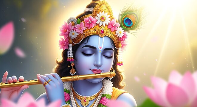 Lord Krishna Playing Flute with Peacock Feather and Lotus Flowers