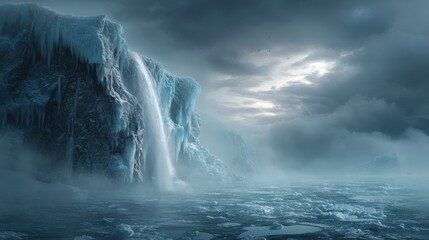 Fototapeta premium Mysterious frozen waterfall cascading from the antarctic nature scene icy landscape ethereal environment aerial view winter wonder