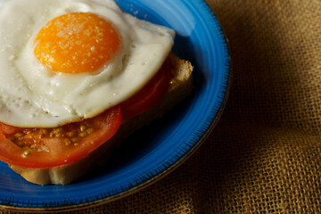 Fried egg, tomato slice, and bread toast on a blue plate