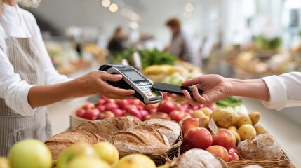 Customer making contactless payment with smartphone at a vibrant market stall filled with fresh fruits and baked goods, showcasing modern shopping experience and convenience