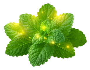 Untitled design - Mint Plant with Fireflies Flying Around, Magical Night Garden Scene, Isolated